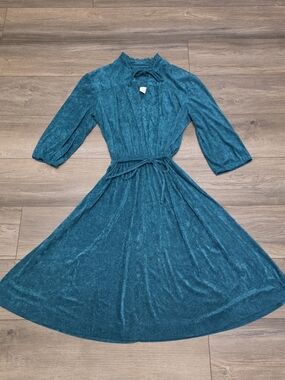 Vtg 70s Teal Blue Terry Cloth Midi Dress | Ruffle Neck Tie Front Keyhole Lounge